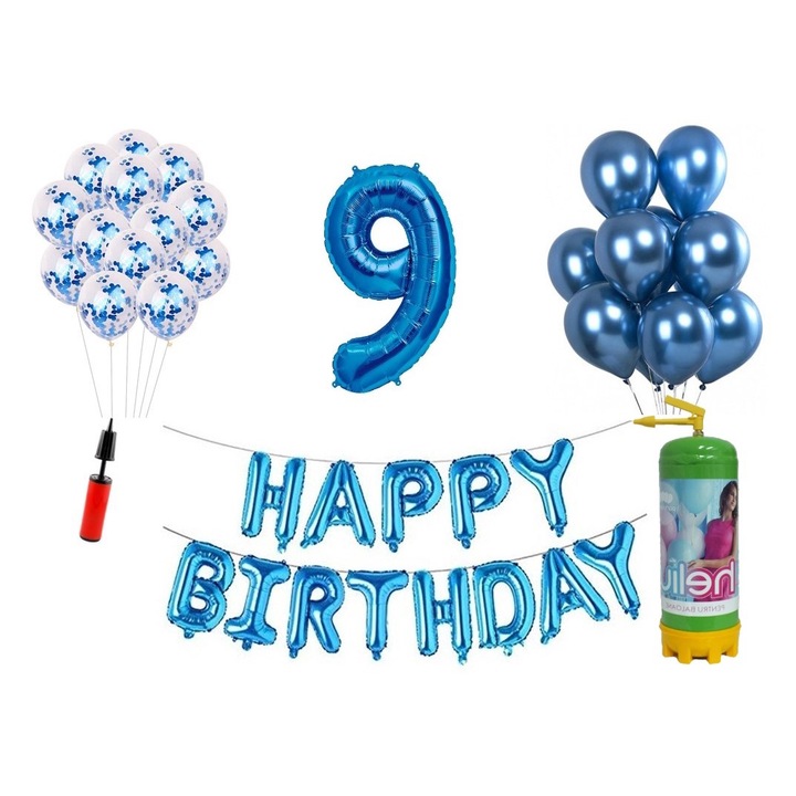 DOMI PARTY & GIFTS lufi szett, 36 elemes, Boldog születésnapot 9 éves évfordulóra, fóliaszám 101 cm, kék + Hélium palack