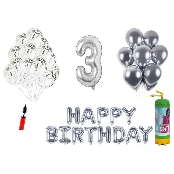 DOMI PARTY & GIFTS lufi szett, 36 elemes, Boldog születésnapot 3 éves évfordulóra, fóliafigura 101 cm, ezüst + Hélium palack