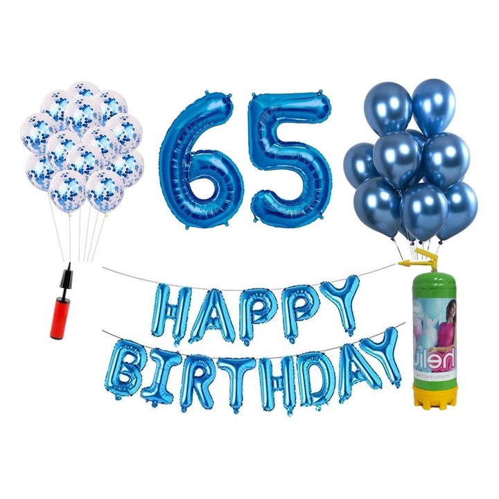 DOMI PARTY & GIFTS комплект балони, 37 елемента, Happy Birthday 65 години юбилей, фолио цифри 101 см, син + бутилка с хелий