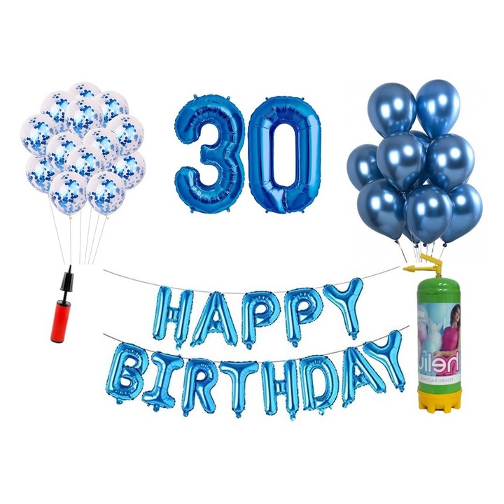 37 db DOMI PARTY & GIFTS lufi készlet, Boldog születésnapot 30 éves évfordulóra, fóliaszámok 100 cm, kék + hélium palack