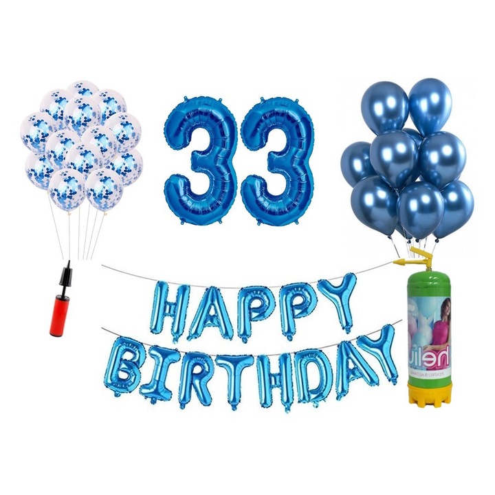 Комплект 37 балона DOMI PARTY & GIFTS, Happy Birthday 33 години юбилей, фолио цифри 100 см, сини + бутилка с хелий