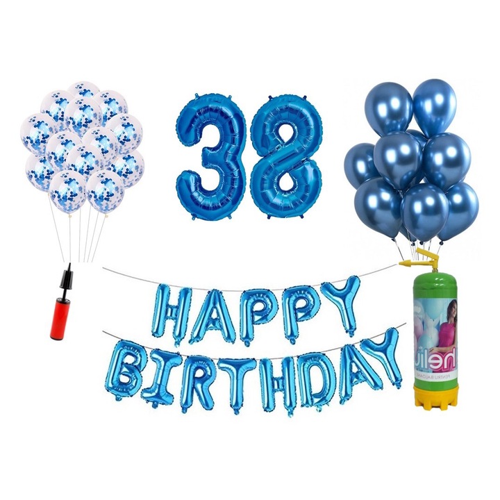 37 db DOMI PARTY & GIFTS lufi készlet, Boldog születésnapot 38 éves évfordulóra, fóliaszámok 100 cm, kék + hélium palack