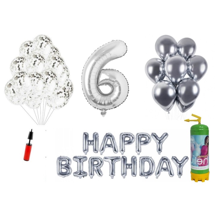 36 db-os DOMI PARTY & GIFTS lufi készlet, Boldog születésnapot 6 éves évfordulóra, fóliaszám 100 cm, ezüst + hélium palack