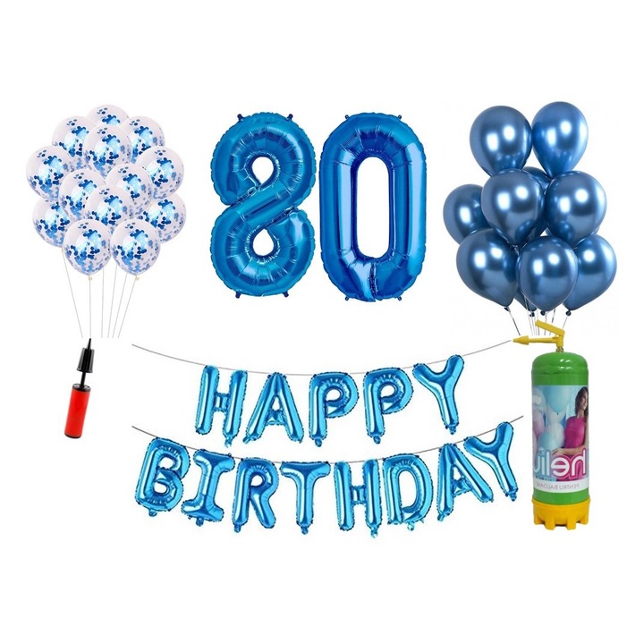 DOMI PARTY & GIFTS lufi szett, 37 elemes, Boldog születésnapot 80. évfordulóra, fóliaszámok 101 cm, kék + Hélium palack