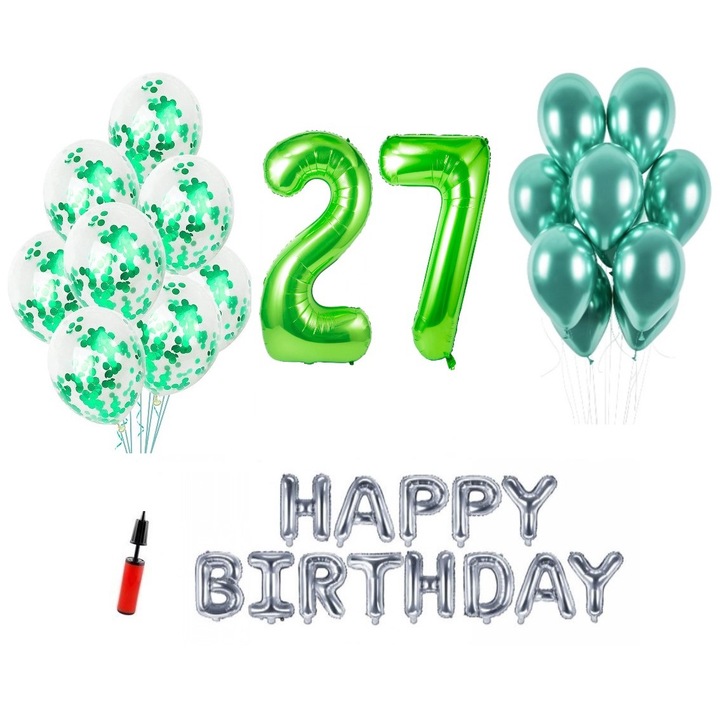 Set 36 baloane, Happy Birthday aniversare 27 ani, cifre folie 1 m, verde