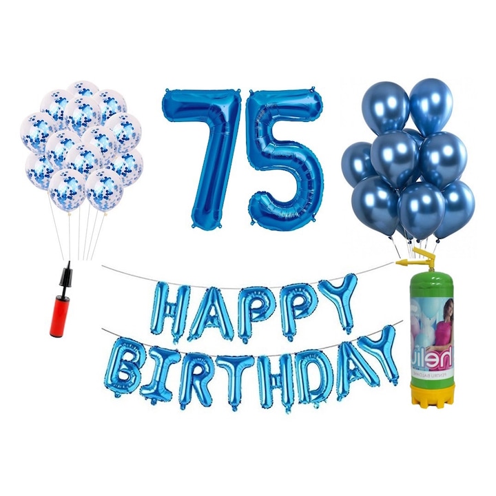 Комплект 37 балона DOMI PARTY & GIFTS, Happy Birthday 75 години юбилей, фолио цифри 100 см, синьо + бутилка с хелий