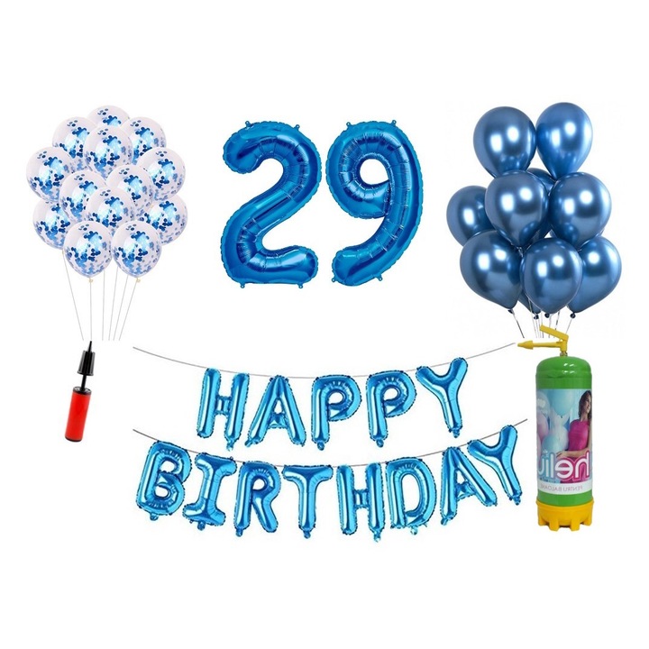 DOMI PARTY & GIFTS комплект балони, 37 елемента, Happy Birthday 29 години юбилей, фолио цифри 101 см, син + бутилка с хелий