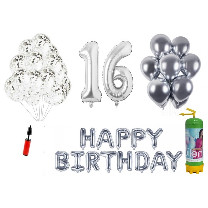 Комплект 37 балона DOMI PARTY & GIFTS, Happy Birthday 16 години юбилей, фолио цифри 100 см, сребро + бутилка с хелий