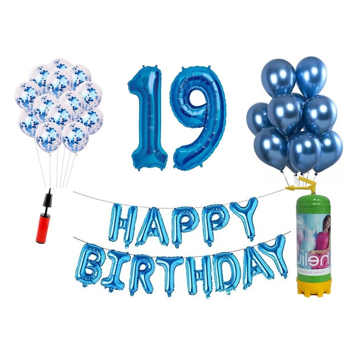 Комплект балони DOMI PARTY & GIFTS, 37 елемента, Happy Birthday 19 години юбилей, фолио цифри 101 см, син + бутилка с хелий