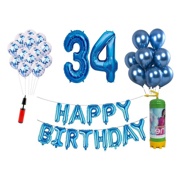 Комплект 37 балона DOMI PARTY & GIFTS, Happy Birthday 34 години юбилей, фолио цифри 100 см, сини + бутилка с хелий