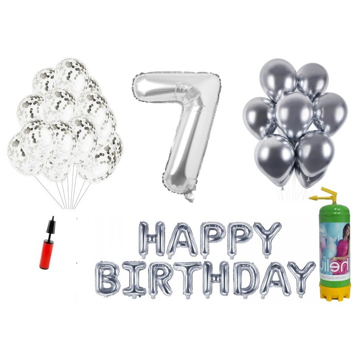 DOMI PARTY & GIFTS lufi szett, 36 elemes, Boldog születésnapot 7 éves évfordulóra, fóliaszám 101 cm, ezüst + Hélium palack