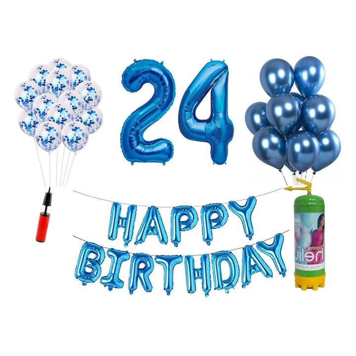 Комплект балони DOMI PARTY & GIFTS, 37 елемента, Happy Birthday 24th юбилей, фолио цифри 101 см, син + бутилка с хелий