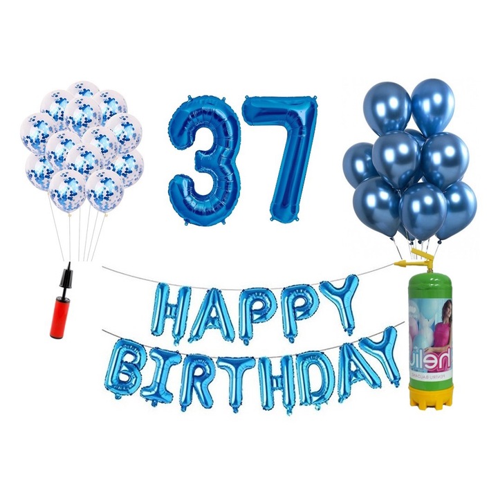 Комплект 37 балона DOMI PARTY & GIFTS, Happy Birthday 37 години юбилей, фолио цифри 100 см, синьо + бутилка с хелий