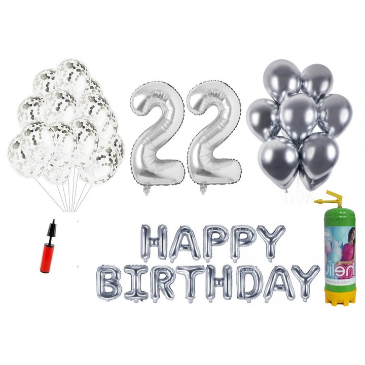 DOMI PARTY & GIFTS lufi szett, 37 elemes, Boldog születésnapot 22 éves évfordulóra, fóliaszámok 101 cm, ezüst + Hélium palack