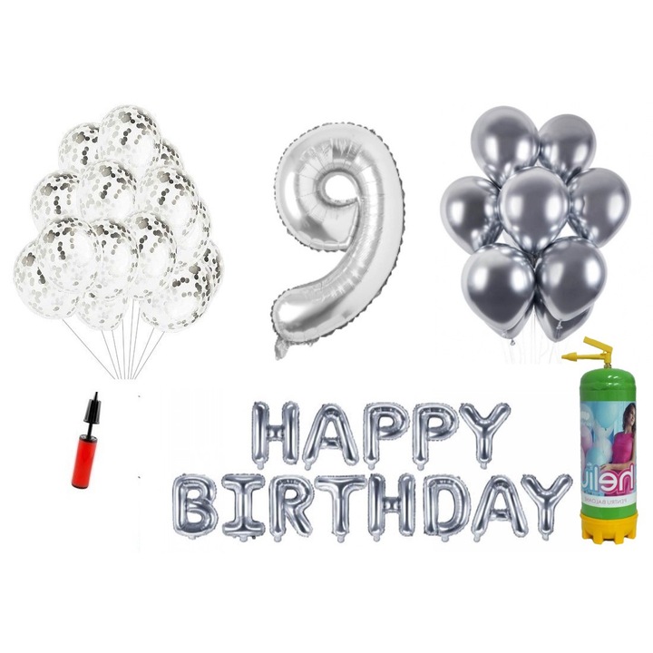DOMI PARTY & GIFTS lufi szett, 36 elemes, Boldog születésnapot 9 éves évfordulóra, fóliaszám 101 cm, ezüst + Hélium palack