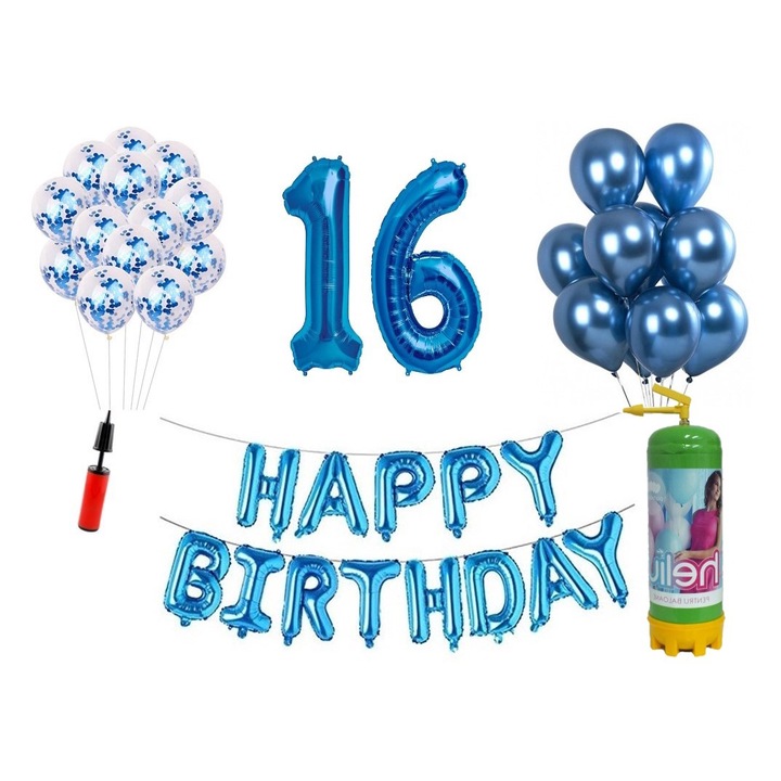 Комплект 37 балона DOMI PARTY & GIFTS, Happy Birthday 16 години юбилей, фолио цифри 100 см, сини + бутилка с хелий