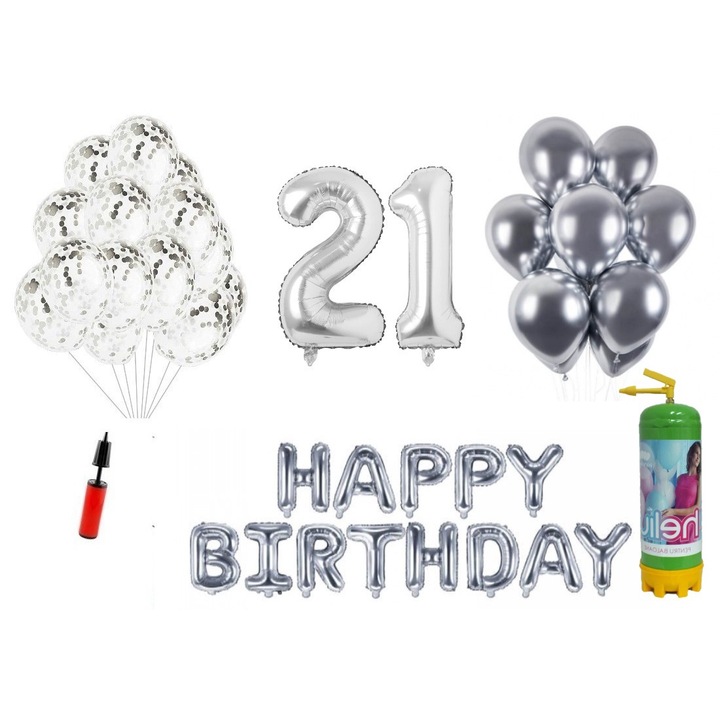 37 db DOMI PARTY & GIFTS lufi készlet, Boldog születésnapot 21 éves évfordulóra, fóliaszámok 100 cm, ezüst + hélium palack