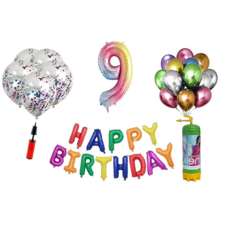 DOMI PARTY & GIFTS lufi szett, 36 elemes, Boldog születésnapot 9 éves évfordulóra, fóliaszám 101 cm, szivárvány + Hélium palack