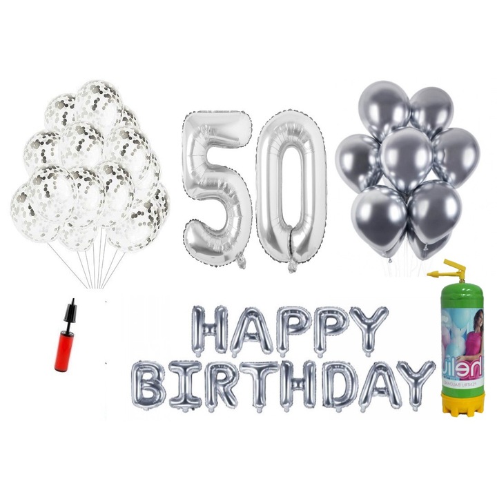 37 db DOMI PARTY & GIFTS lufi készlet, Boldog születésnapot 50. évfordulóra, fóliaszámok 100 cm, ezüst + hélium palack