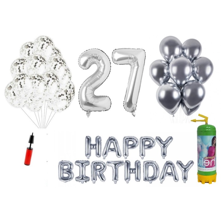 Комплект 37 балона DOMI PARTY & GIFTS, Happy Birthday 27 години, фолио цифри 100 см, сребро + бутилка с хелий