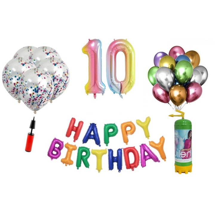 Комплект от 37 балона DOMI PARTY & GIFTS, Happy Birthday 10 години, фолио цифри 100 см, дъга + бутилка с хелий