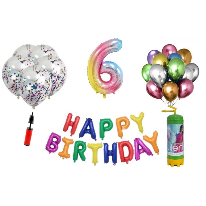 DOMI PARTY & GIFTS lufi szett, 36 elemes, Boldog születésnapot 6 éves évfordulóra, fóliafigura 101 cm, szivárvány + hélium palack