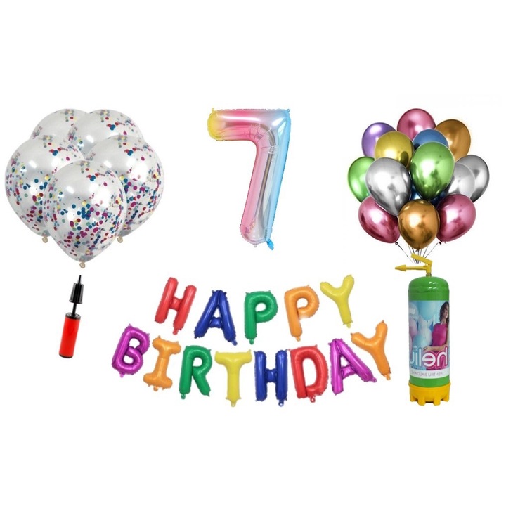 DOMI PARTY & GIFTS lufi szett, 36 elemes, Boldog születésnapot 7 éves évfordulóra, fóliaszám 101 cm, szivárvány + Hélium palack