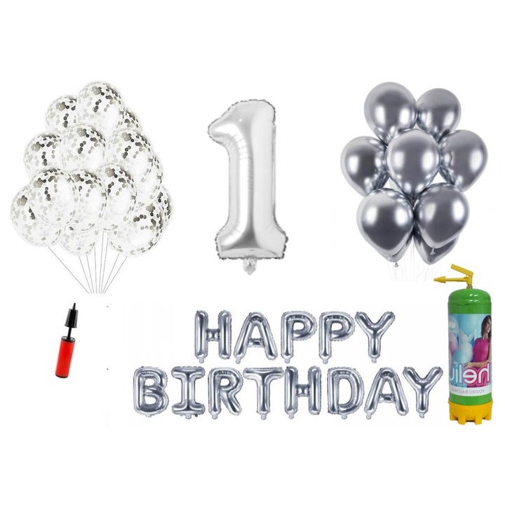Комплект 36 балона DOMI PARTY & GIFTS, Happy Birthday 1 year юбилей, фолио номер 100 см, сребро + бутилка с хелий