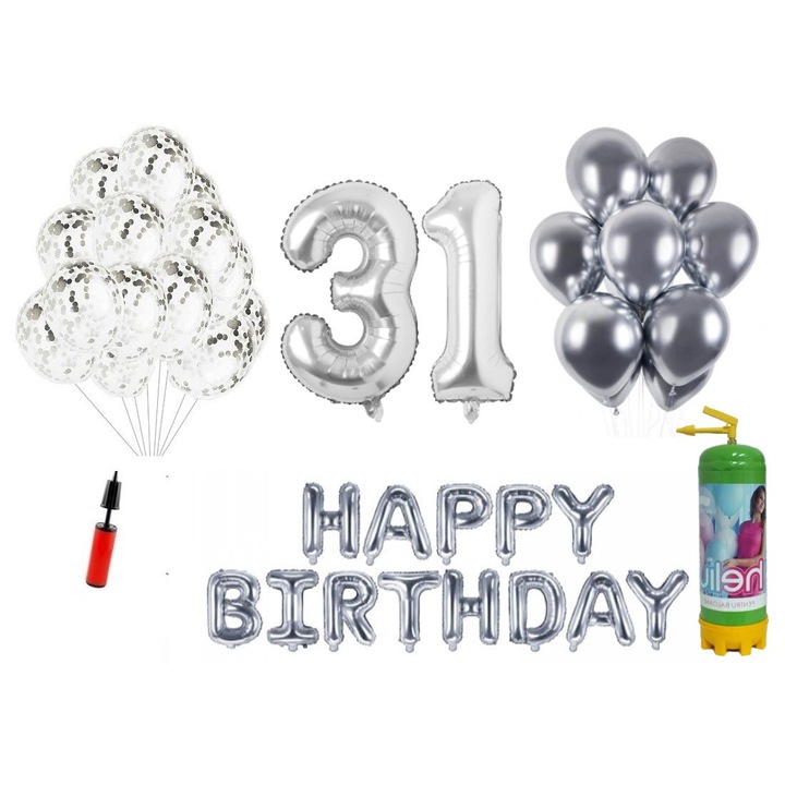 Комплект балони DOMI PARTY & GIFTS, 37 елемента, Happy Birthday 31 години, фолио цифри 101 см, сребро + бутилка с хелий