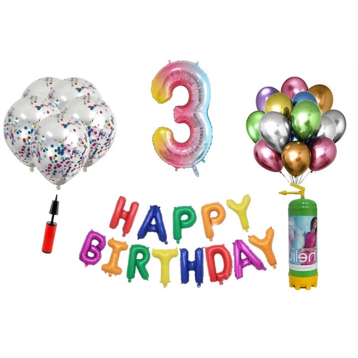 DOMI PARTY & GIFTS lufi szett, 36 elemes, Boldog születésnapot 3 éves évfordulóra, fóliaszám 101 cm, szivárvány + Hélium palack