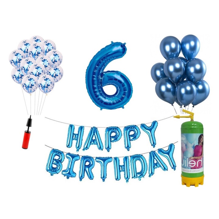 DOMI PARTY & GIFTS lufi szett, 36 elemes, Boldog születésnapot 6 éves évfordulóra, fóliaszám 101 cm, kék + Hélium palack