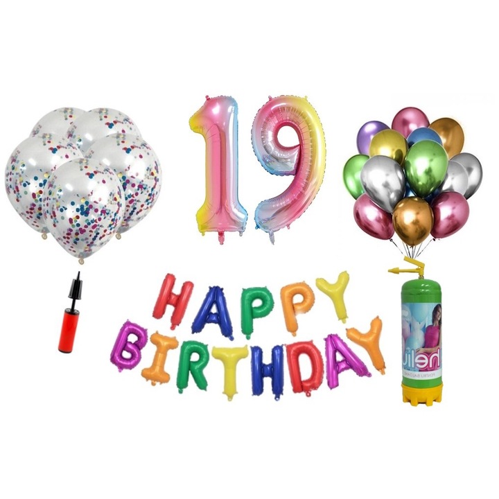 DOMI PARTY & GIFTS lufi szett, 37 elemes, Boldog születésnapot 19 éves évfordulóra, fóliaszámok 101 cm, szivárvány + hélium palack