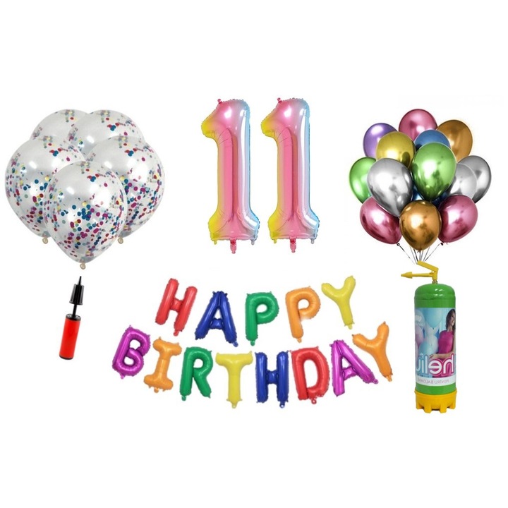 Комплект балони DOMI PARTY & GIFTS, 37 елемента, Happy Birthday 11 години, фолио цифри 101 см, дъга + бутилка с хелий