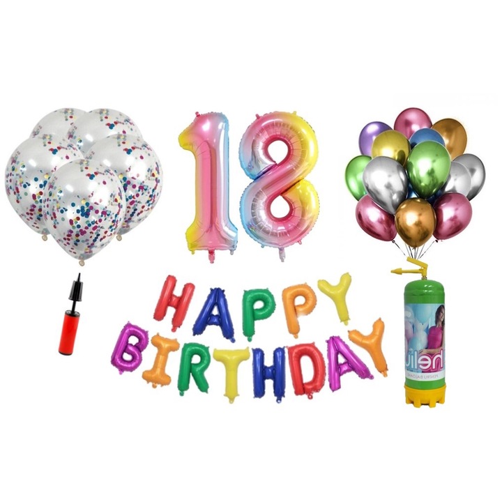 Комплект от 37 балона DOMI PARTY & GIFTS, Happy Birthday 18 години юбилей, фолио цифри 100 см, дъга + бутилка с хелий
