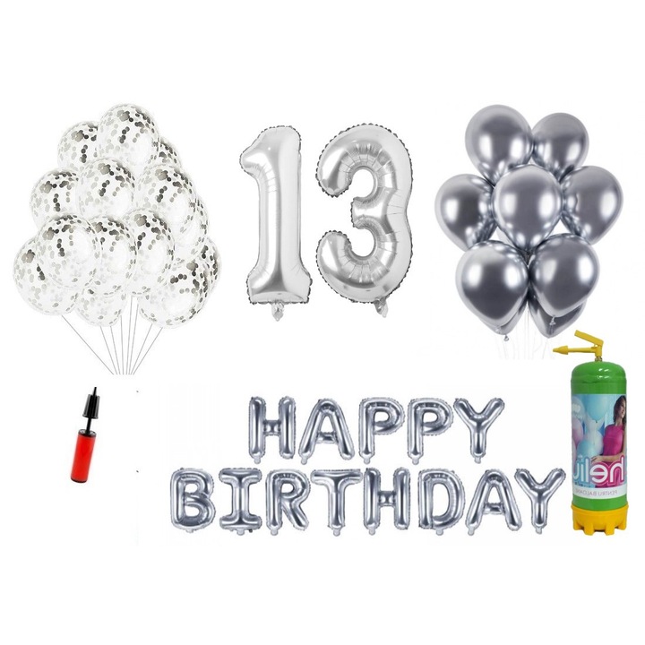 Комплект 37 балона DOMI PARTY & GIFTS, Happy Birthday 13 години юбилей, фолио цифри 100 см, сребро + бутилка с хелий