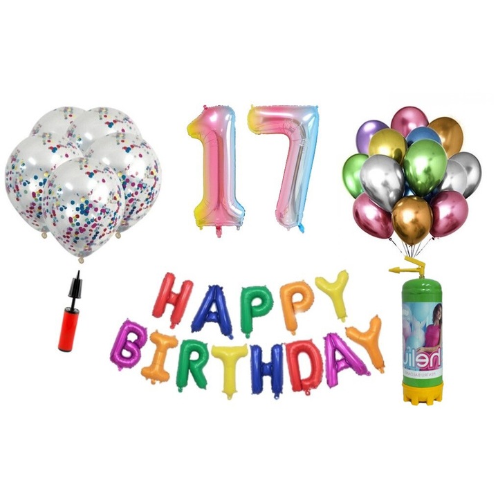 Комплект балони DOMI PARTY & GIFTS, 37 елемента, Happy Birthday 17 години, фолио цифри 101 см, дъга + бутилка с хелий