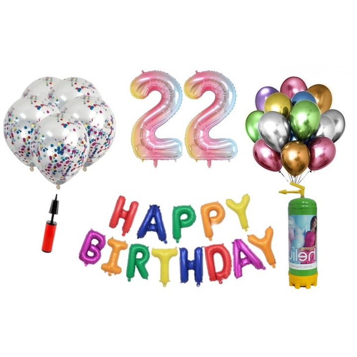 37 db DOMI PARTY & GIFTS lufi készlet, Boldog születésnapot 22 éves évfordulóra, fóliaszámok 100 cm, szivárvány + hélium palack