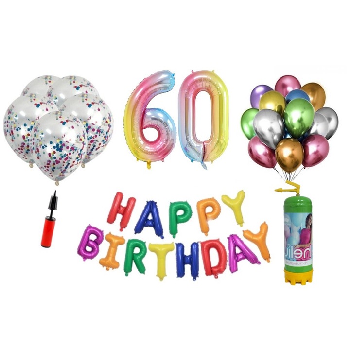 Set baloane DOMI PARTY & GIFTS, 37 elemente, Happy Birthday aniversare 60 ani, cifre folie 101 cm, curcubeu + Butelie de heliu