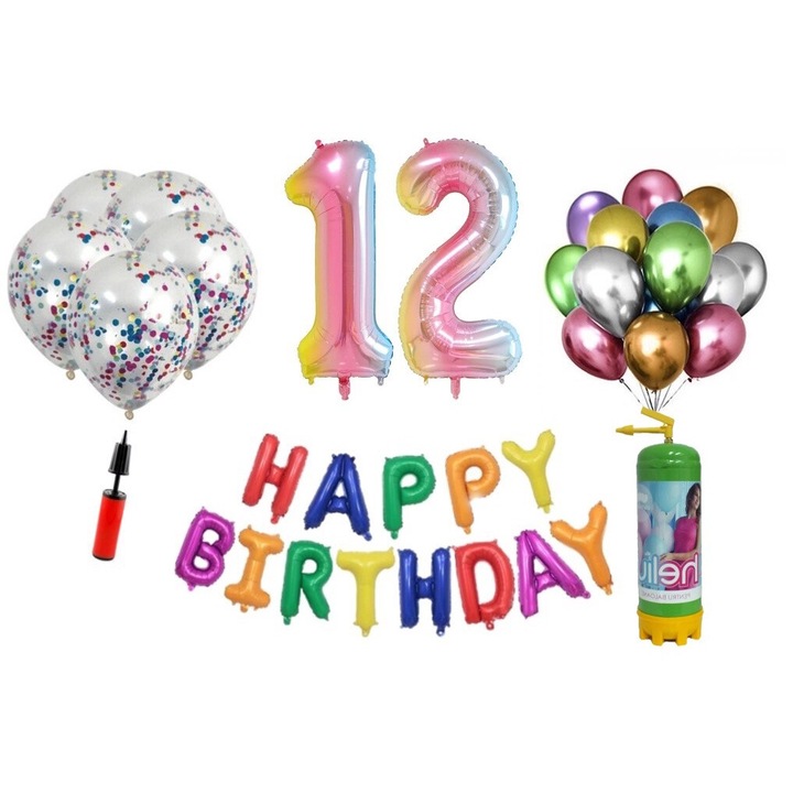 DOMI PARTY & GIFTS lufi szett, 37 elemes, Boldog születésnapot 12 éves évfordulóra, fóliaszámok 101 cm, szivárvány + hélium palack