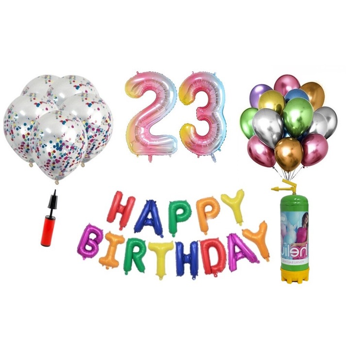37 db DOMI PARTY & GIFTS lufi készlet, Boldog születésnapot 23 éves évfordulóra, fóliaszámok 100 cm, szivárvány + hélium palack