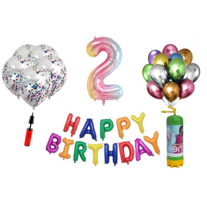 DOMI PARTY & GIFTS lufi szett, 36 elemes, Boldog születésnapot 2 éves évfordulóra, fóliafigura 101 cm, szivárvány + hélium palack