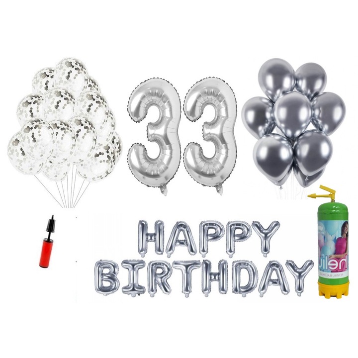 Комплект 37 балона DOMI PARTY & GIFTS, Happy Birthday 33 години юбилей, фолио цифри 100 см, сребро + бутилка с хелий