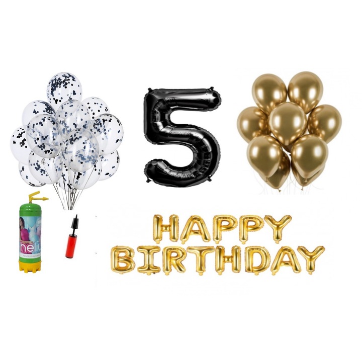 DOMI PARTY & GIFTS lufi szett, 36 elemes, Boldog születésnapot 5 éves évfordulóra, fóliafigura 101 cm, fekete + Hélium palack