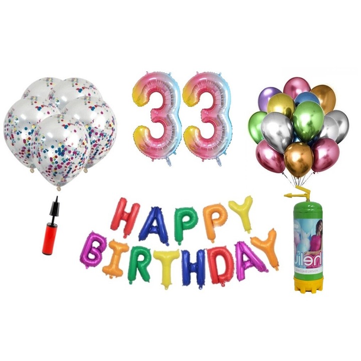 Комплект 37 балона DOMI PARTY & GIFTS, Happy Birthday 33 години юбилей, фолио цифри 100 см, дъга + бутилка с хелий