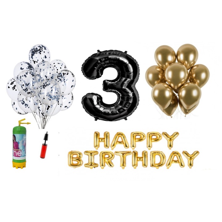 36 db-os DOMI PARTY & GIFTS lufi szett, Boldog születésnapot 3 éves évfordulóra, fóliaszám 100 cm, fekete + Hélium palack