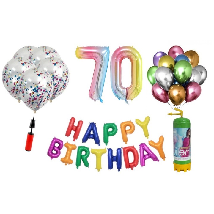 37 db DOMI PARTY & GIFTS lufi készlet, Boldog születésnapot 70 éves évfordulóra, fóliaszámok 100 cm, szivárvány + hélium palack