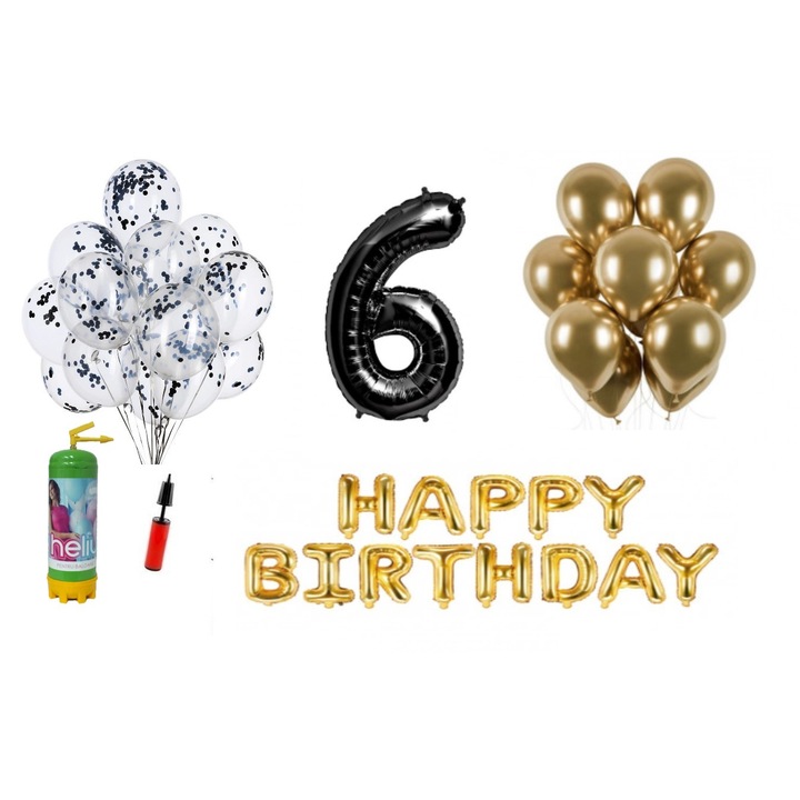 DOMI PARTY & GIFTS lufi szett, 36 elemes, Boldog születésnapot 6 éves évfordulóra, fóliaszám 101 cm, fekete + Hélium palack