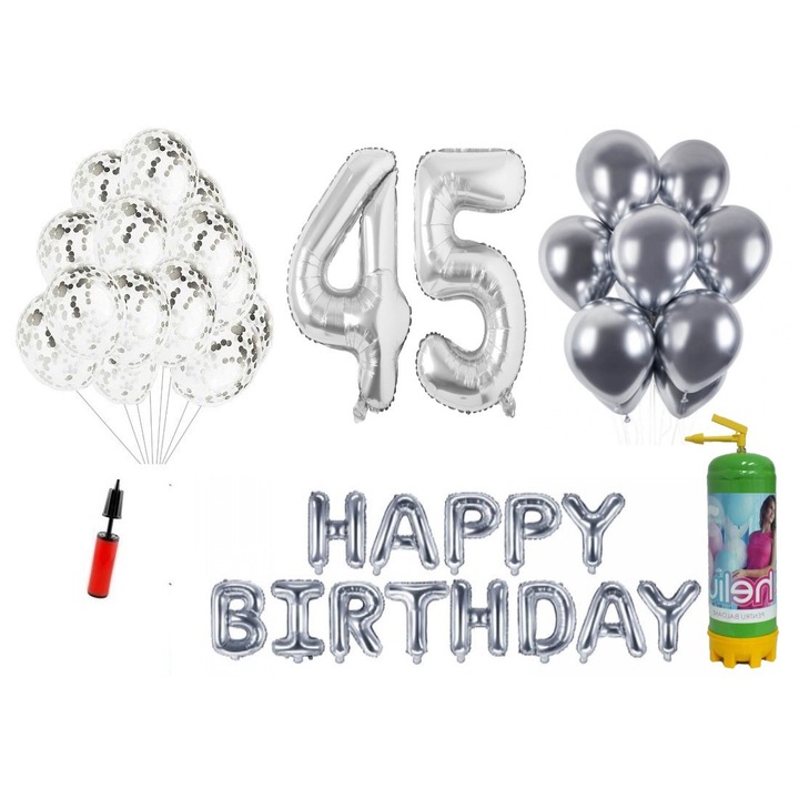 37 db DOMI PARTY & GIFTS lufi készlet, Boldog születésnapot 45 éves évfordulóra, fóliaszámok 100 cm, ezüst + hélium palack