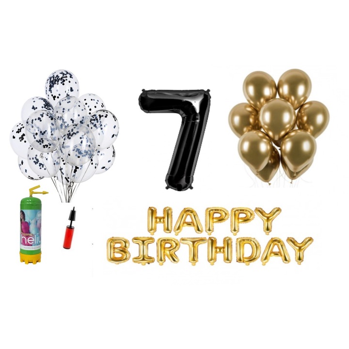 DOMI PARTY & GIFTS lufi szett, 36 elemes, Boldog születésnapot 7 éves évfordulóra, fóliaszám 101 cm, fekete + Hélium palack