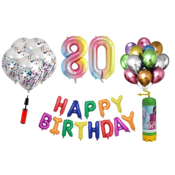 37 db DOMI PARTY & GIFTS lufi készlet, Boldog születésnapot 80 éves évfordulóra, fóliaszámok 100 cm, szivárvány + hélium palack